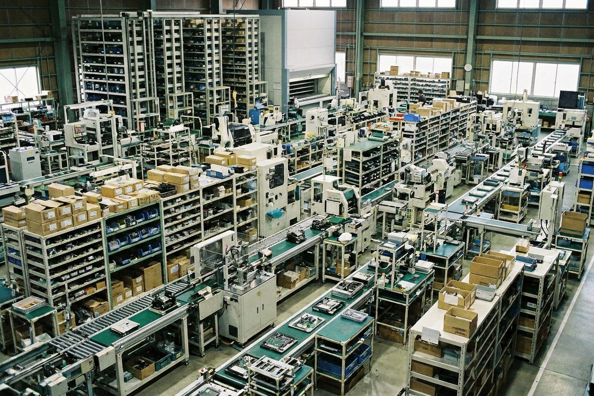 複雑な生産ラインと多品目の工場棚