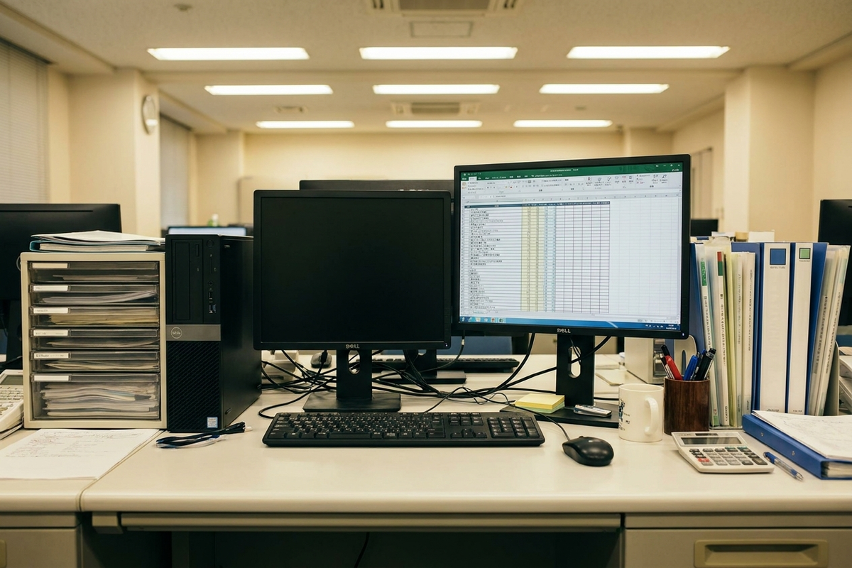 既存のExcel画面とPCが置かれた事務所デスク