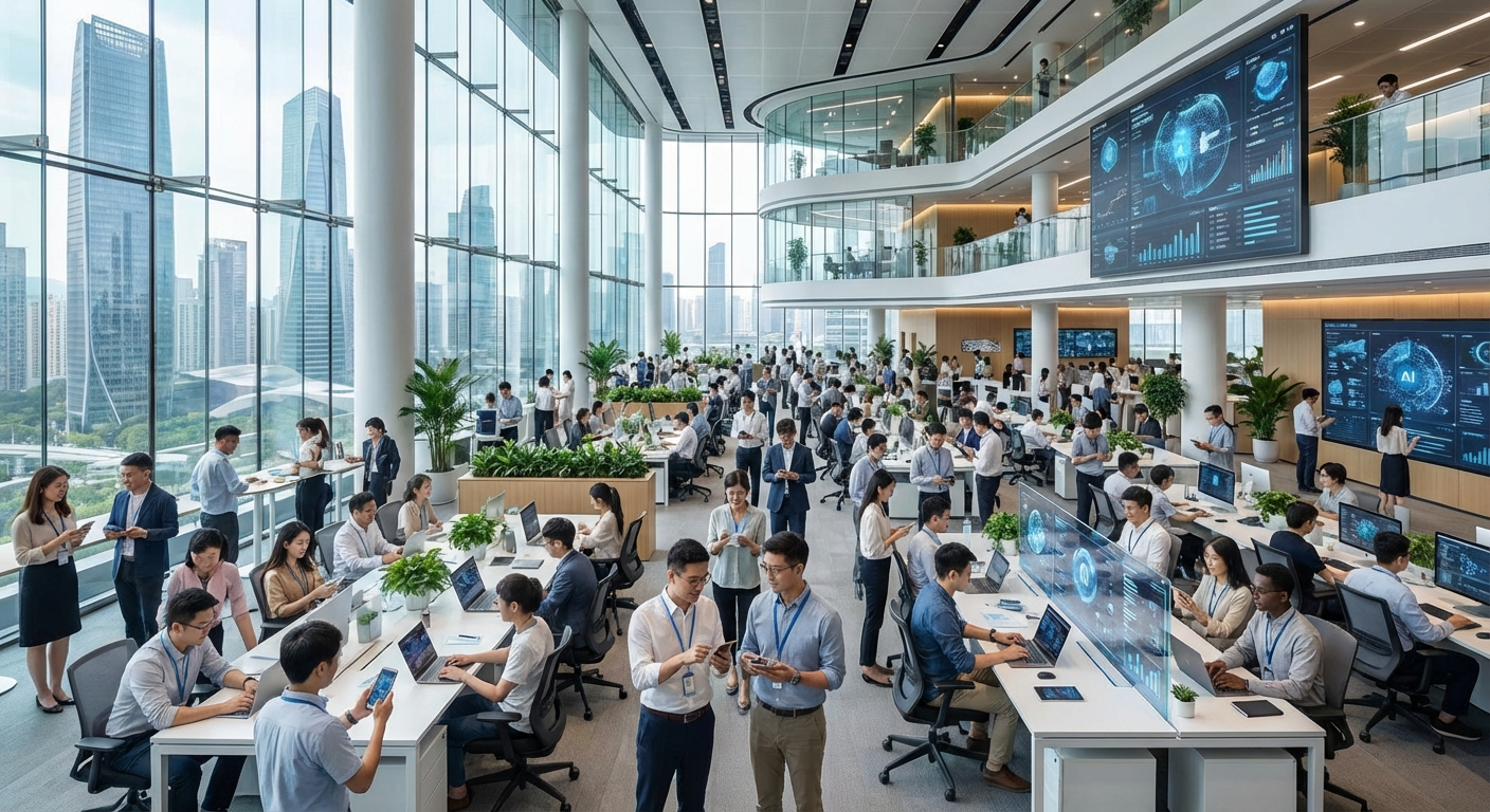 中国のテクノロジー企業オフィスで大勢の社員がAIアプリを使っている活気ある様子