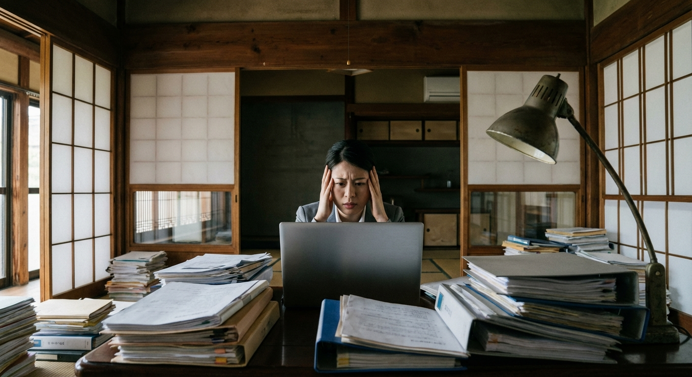 日本のオフィスで可愛い日本人女性OLがパソコンに向かって困った表情をしている様子