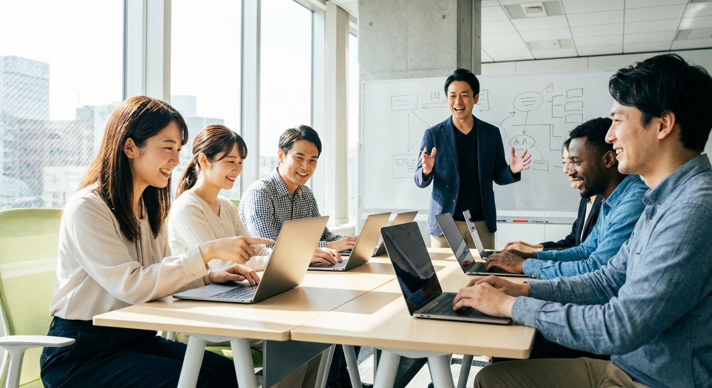 研修室で可愛い日本人女性OLを含む社員がAIツールの使い方を学んでいる様子