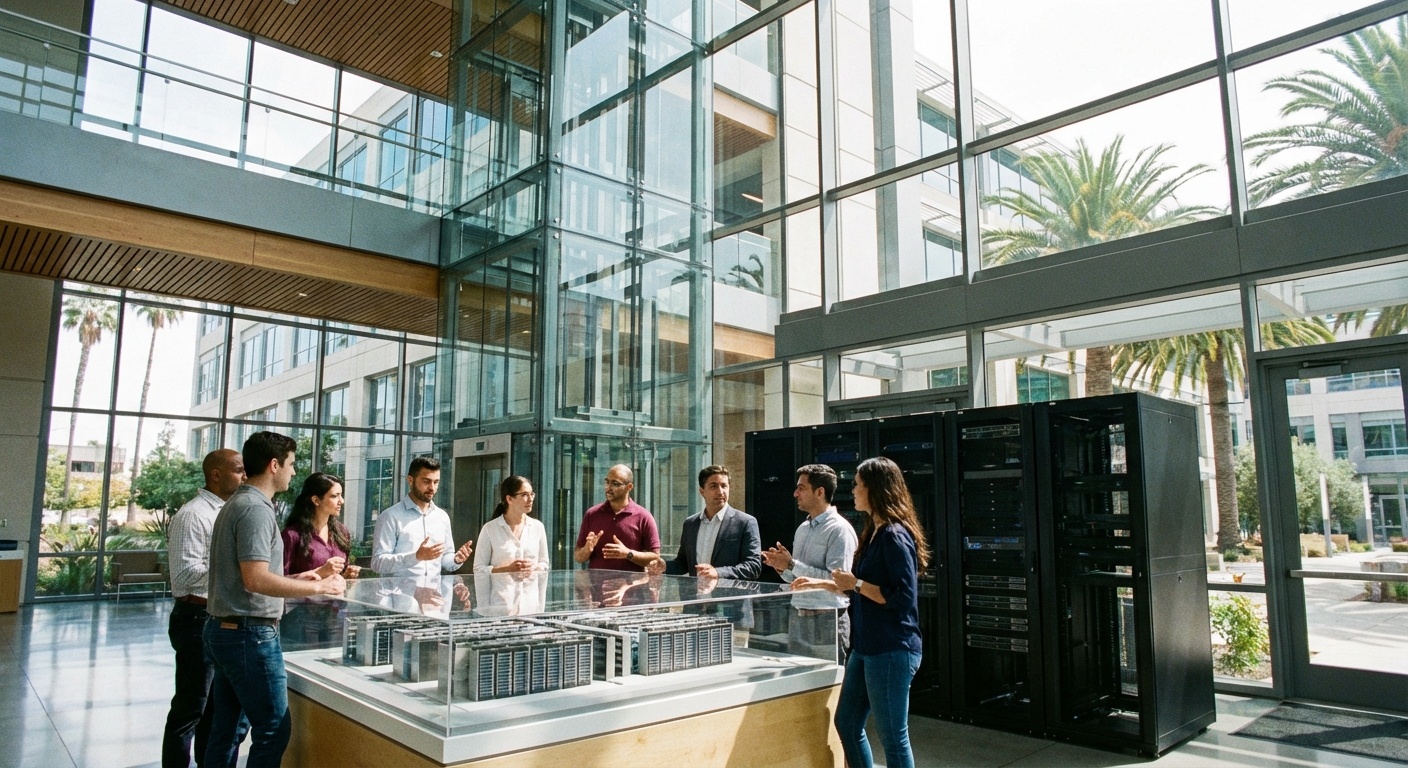 シリコンバレーのテクノロジー企業ロビーでエンジニアたちがデータセンターの前に立つ様子
