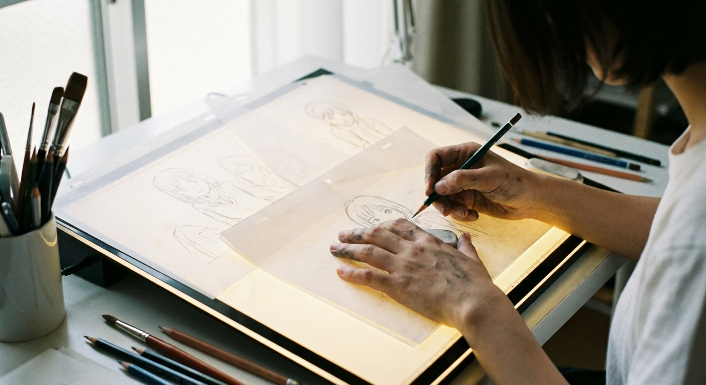 ライトボックスでアニメの原画を描く日本人女性アニメーター