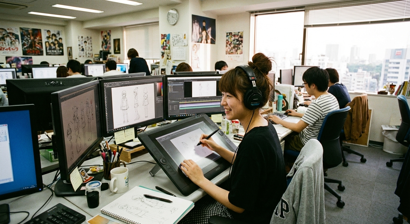 アニメ制作スタジオでデジタル作画する日本人女性スタッフ