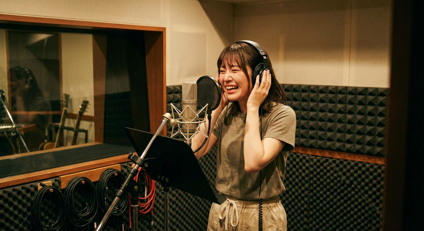 レコーディングスタジオで演技する日本人女性声優