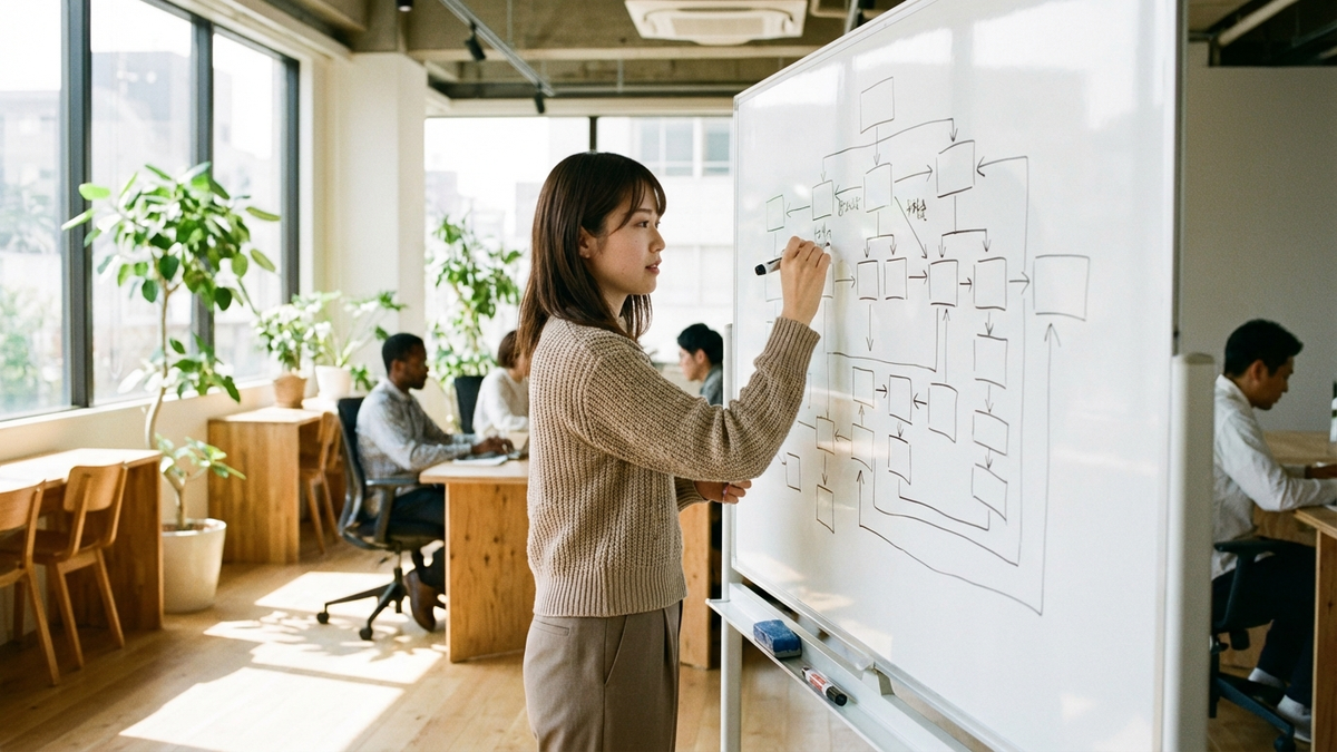 ホワイトボードでプロジェクト構造を計画する様子