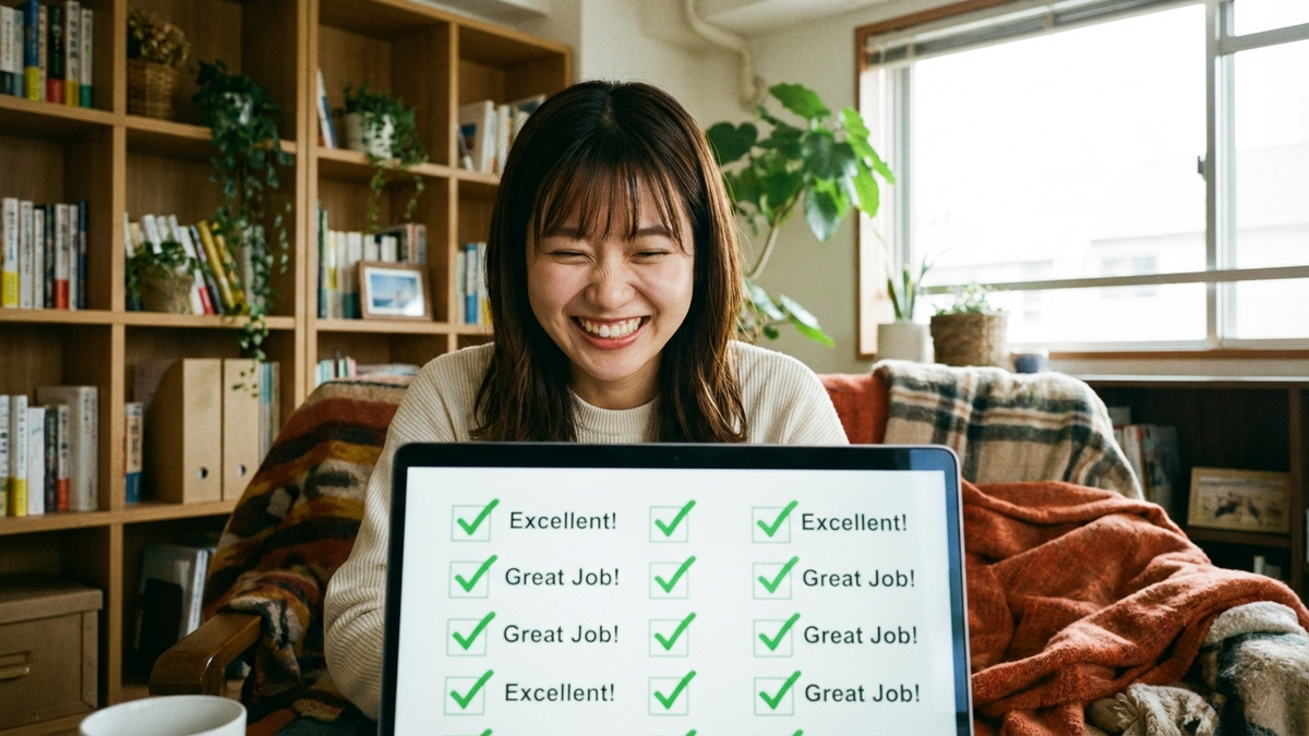 ポジティブなフィードバックを受けて笑顔のエンジニア