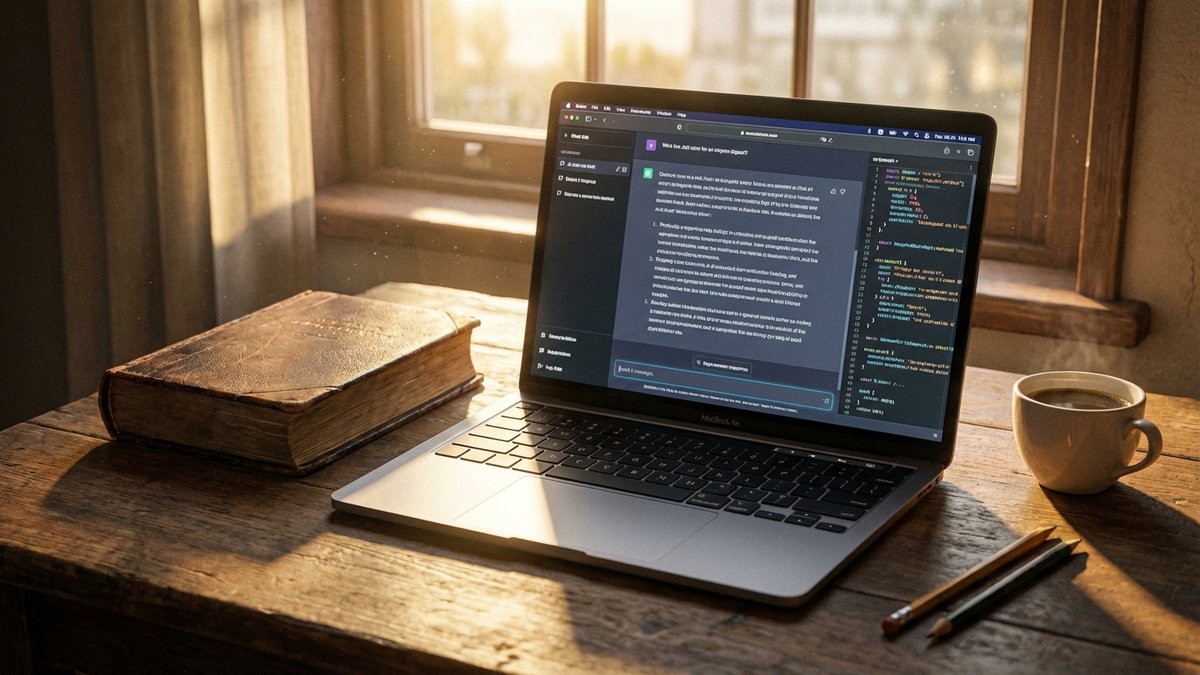 古い書籍と最新のノートパソコンが並ぶデスク