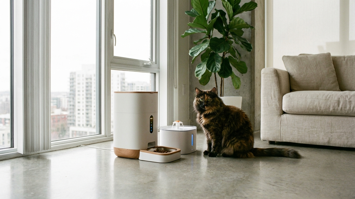 スマートデバイスで猫を見守る様子