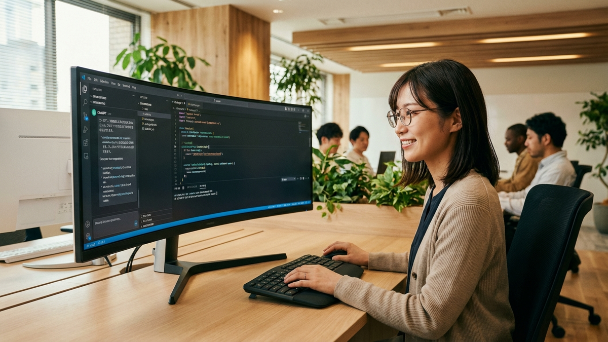 クラウドベースのコーディング環境で作業するエンジニア