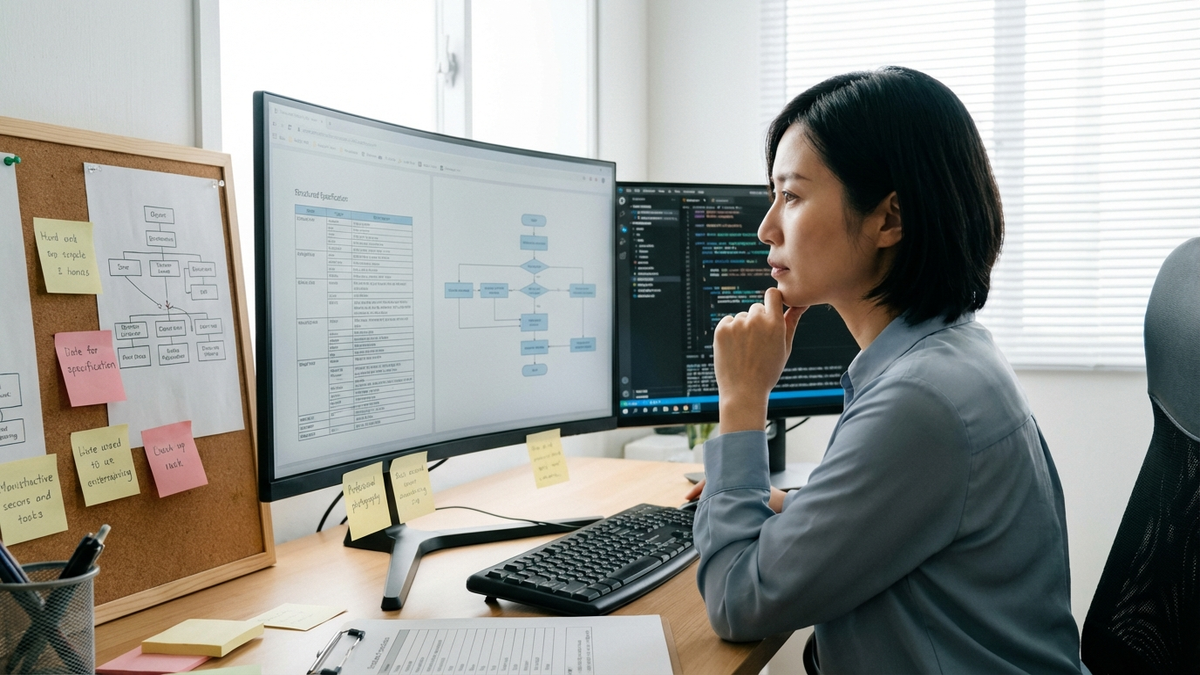 仕様書とフローチャートを確認するエンジニア