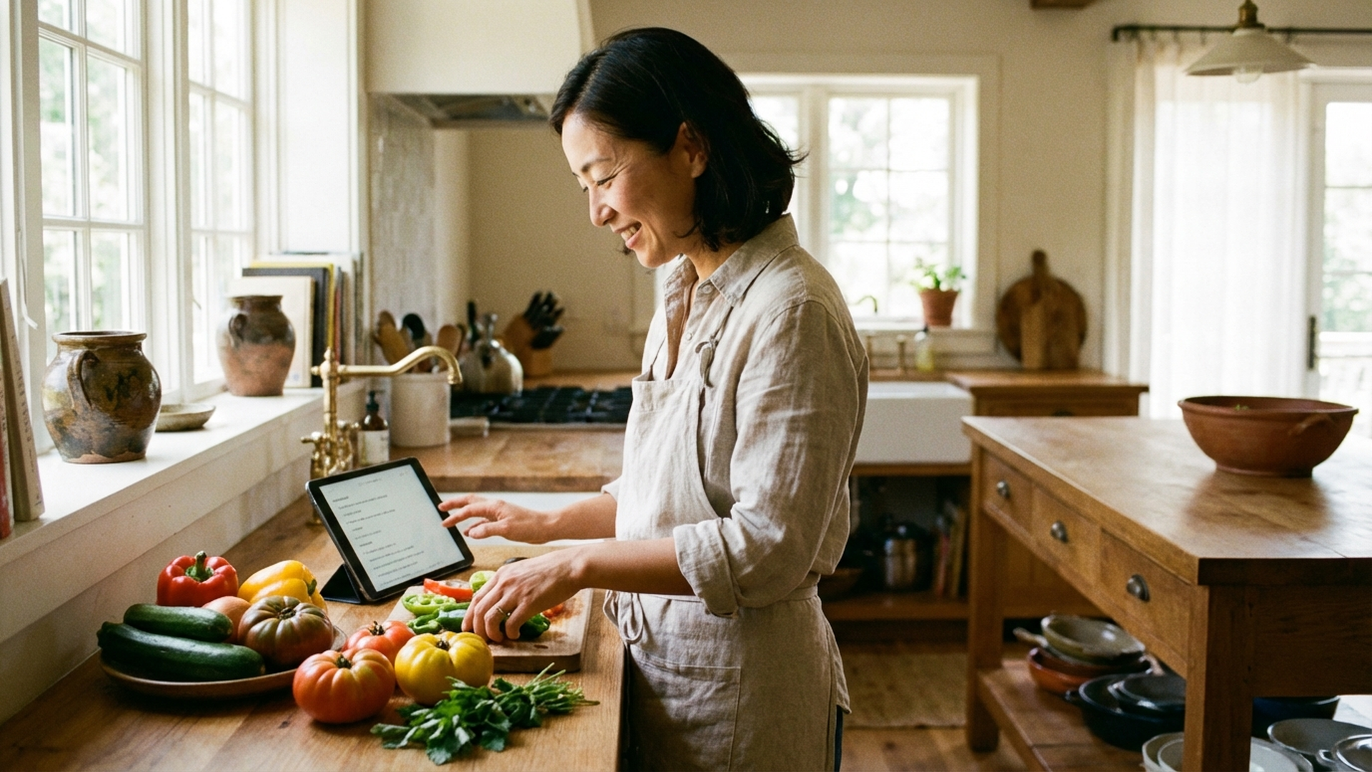明るいキッチンで可愛い日本人女性がタブレットのレシピを見ながら食材を並べている様子