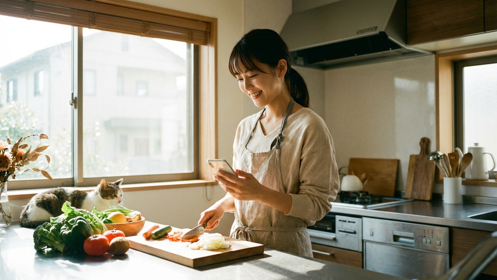 可愛い日本人女性がスマートフォンでAIレシピサービスを使いながらキッチンで料理の準備をしている様子