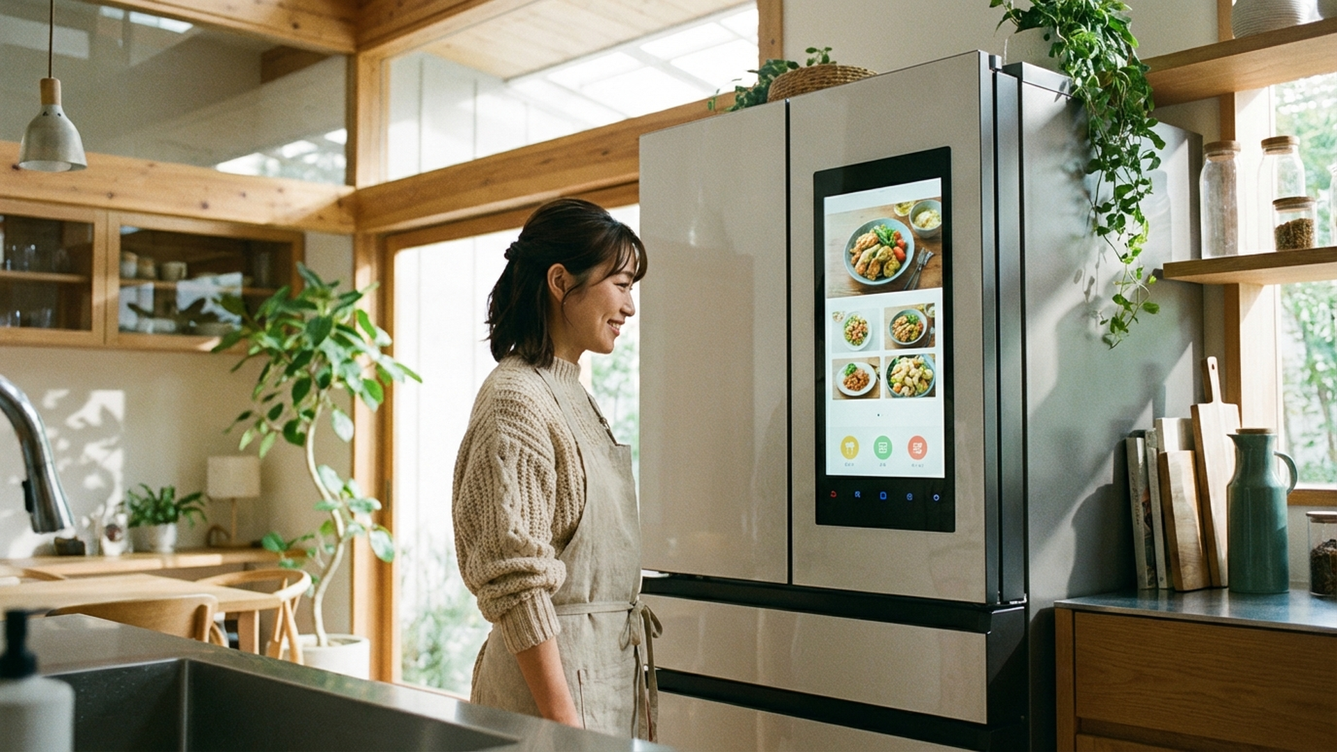 未来的なスマート冷蔵庫のディスプレイを確認する可愛い日本人女性