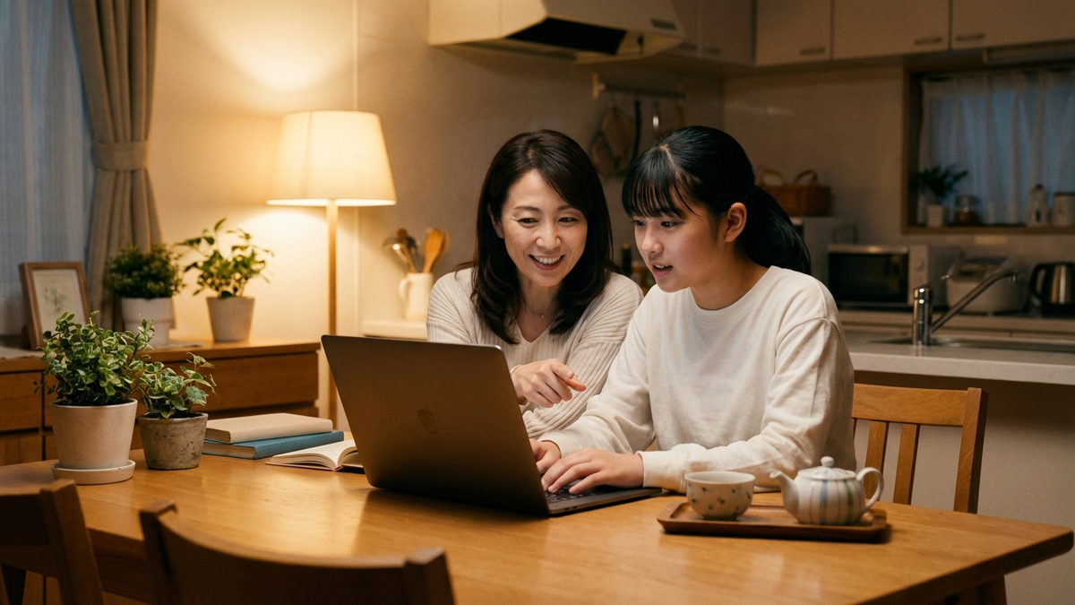 親子でインターネットの安全について話し合う様子