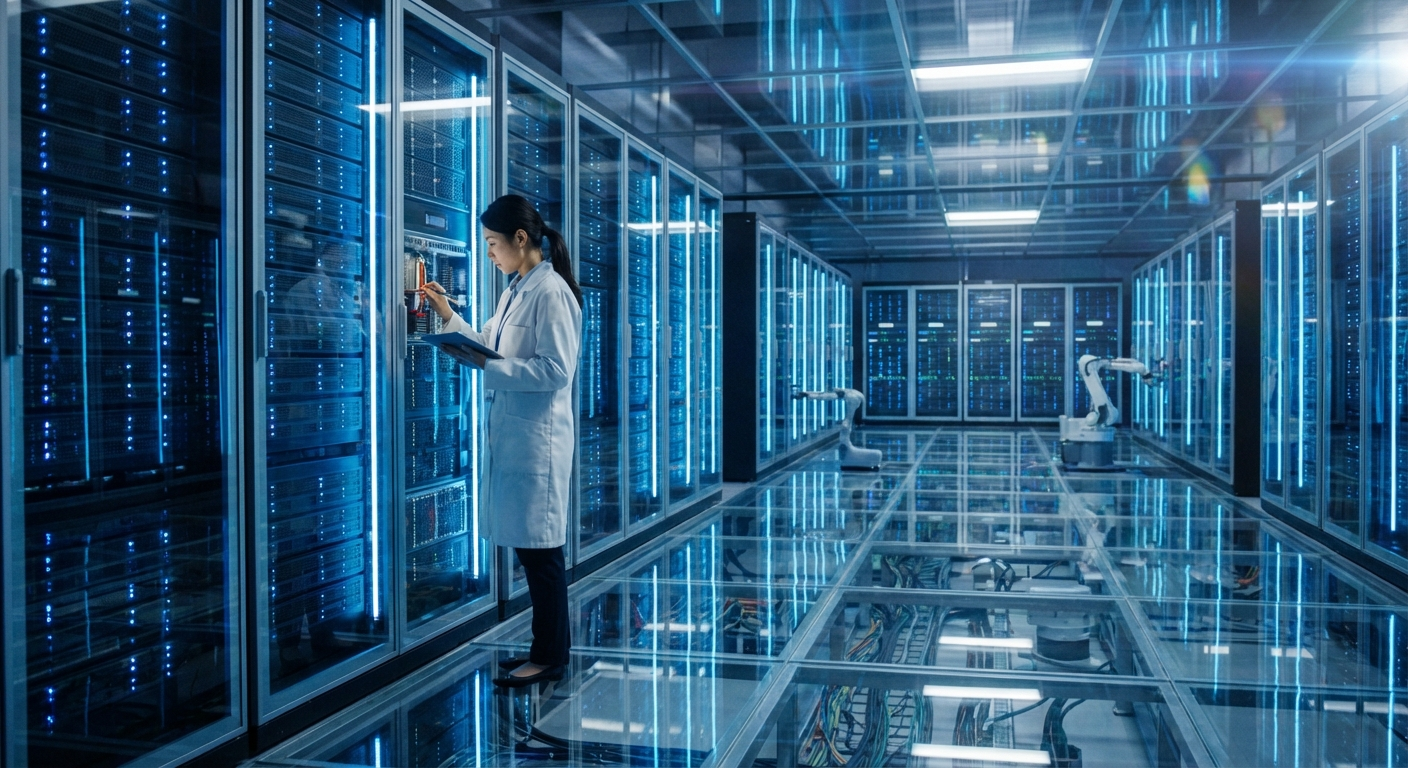 巨大なデータセンターの内部でサーバーラックが青い光で光っている様子を可愛い日本人女性エンジニアが点検している