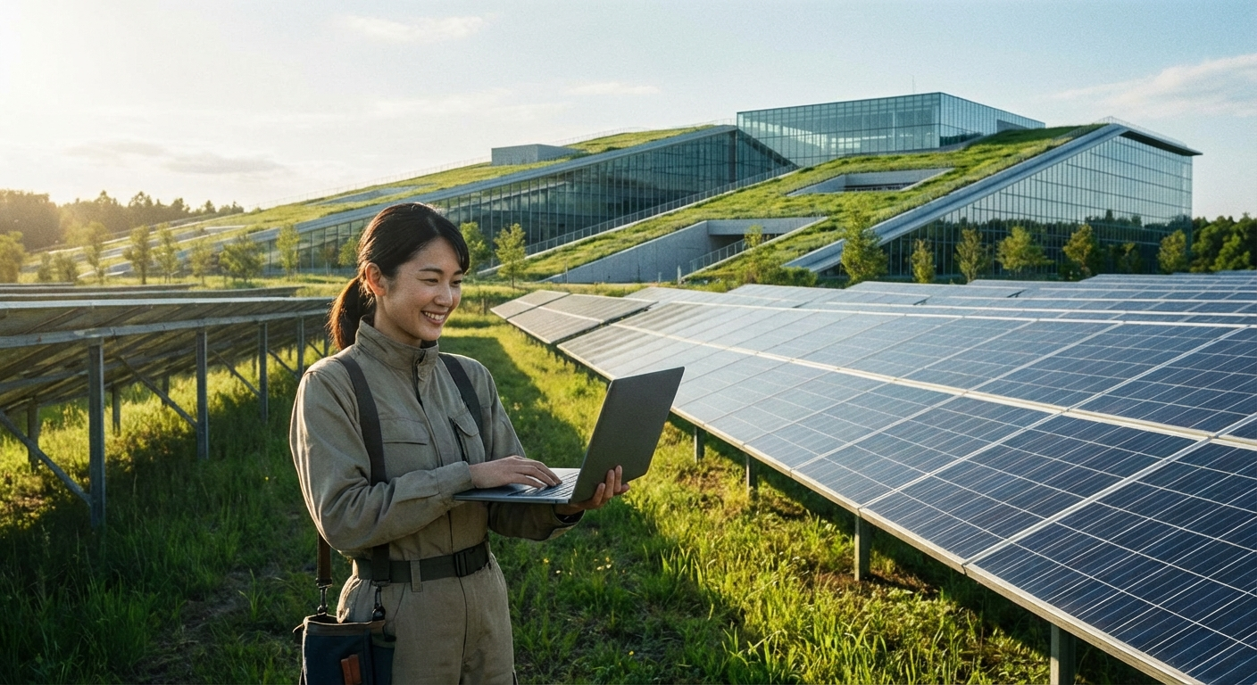 広大なソーラーパネルとモダンなデータセンターが見える風景で可愛い日本人女性研究者がノートPCでデータを確認している