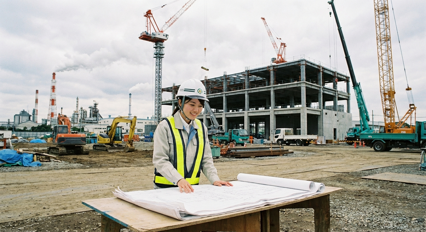 日本のデータセンター建設現場でヘルメットを被った可愛い日本人女性が設計図を確認している様子
