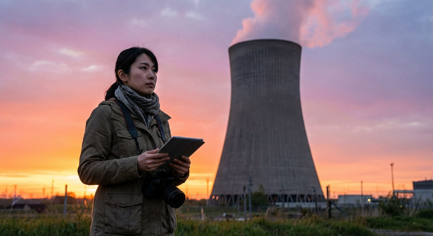 原子力発電所の冷却塔が朝焼けの空を背景にそびえ立っている様子を可愛い日本人女性ジャーナリストが取材している