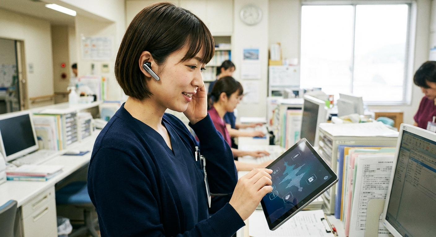 ナースステーションでタブレットにAI音声入力する可愛い日本人女性看護師