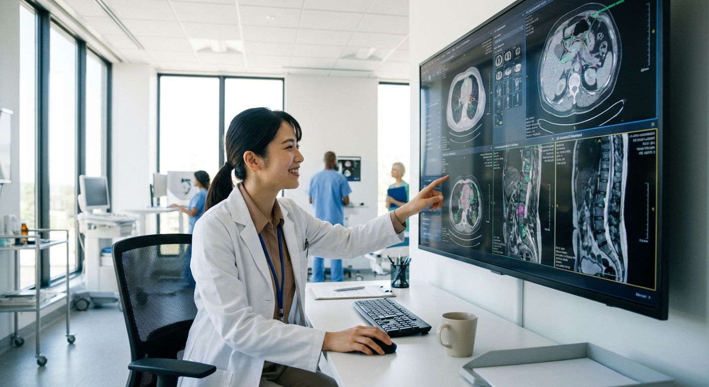 病院の診断室でAI画像診断の結果をモニターで確認する可愛い日本人女性医師