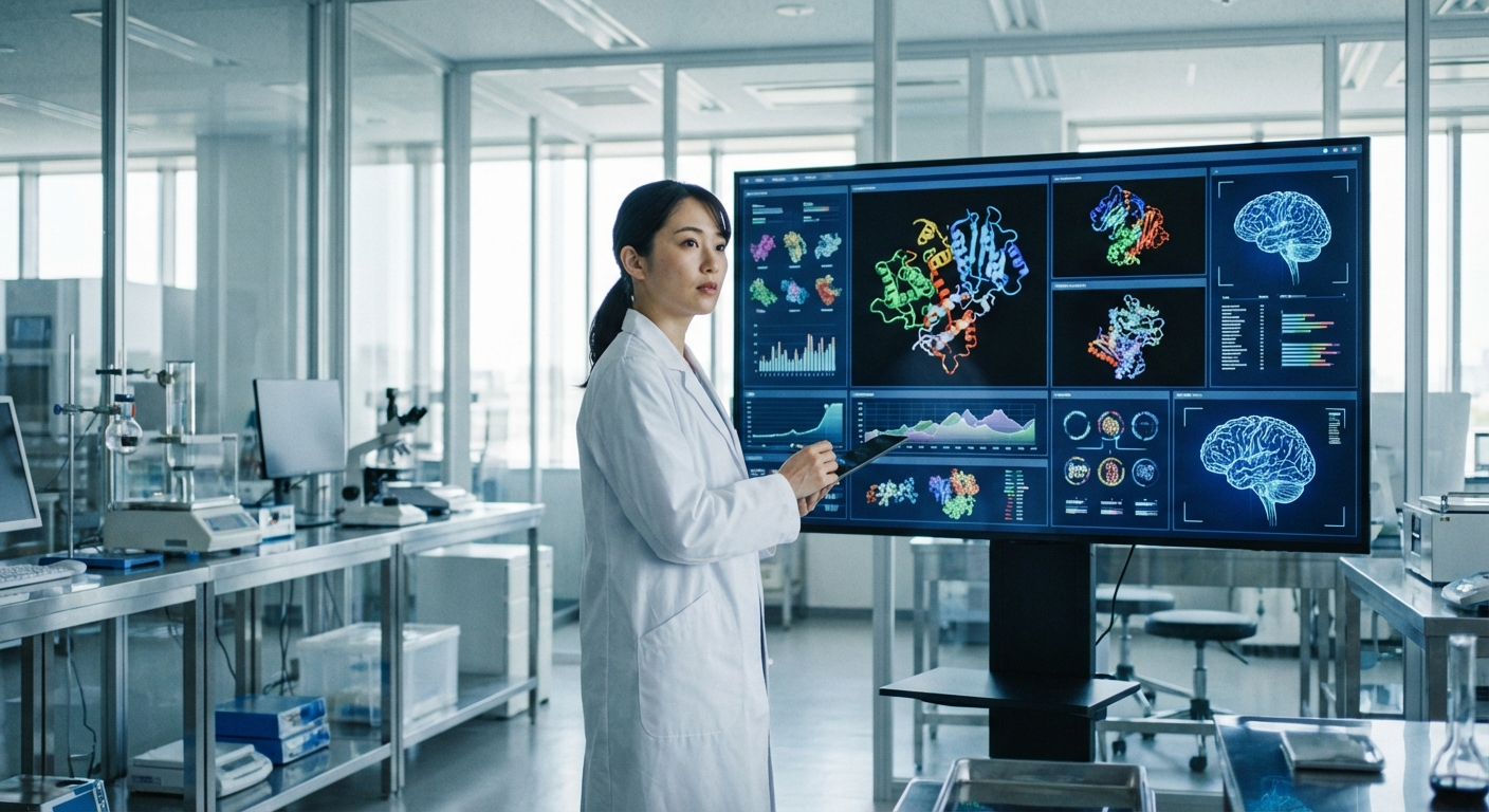 製薬会社の研究室でAIモニターを見ながら分子構造を分析する可愛い日本人女性研究者