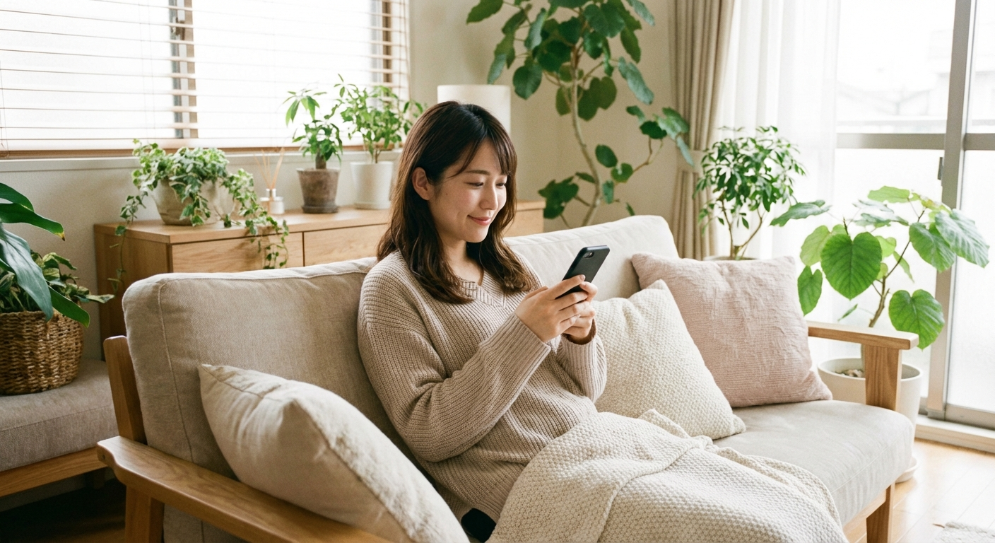 カウンセリングルームでメンタルヘルスアプリを使う可愛い日本人女性OL