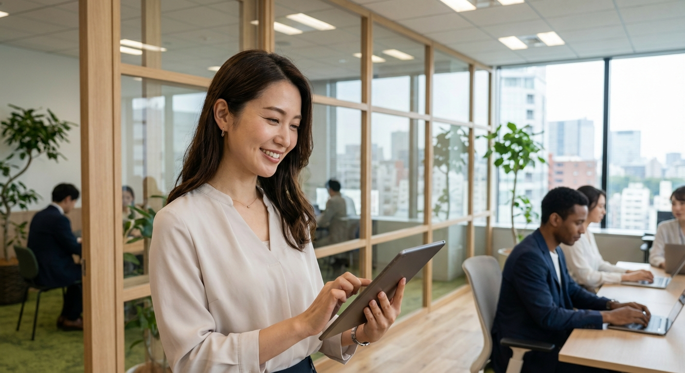 可愛い日本人女性のHR担当者がタブレットで人材データダッシュボードを操作している様子