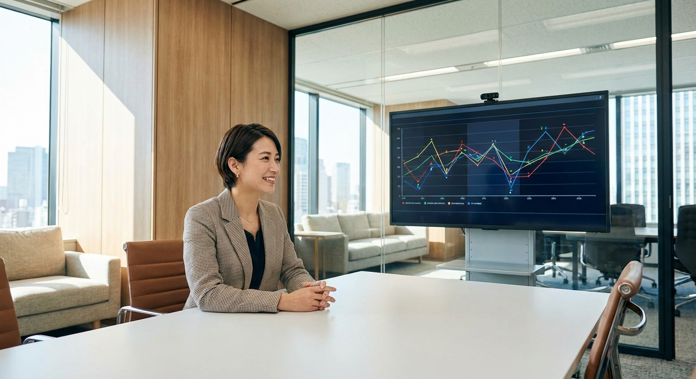 可愛い日本人女性の面接官がモニターを見ながらAIビデオ面接をしている様子