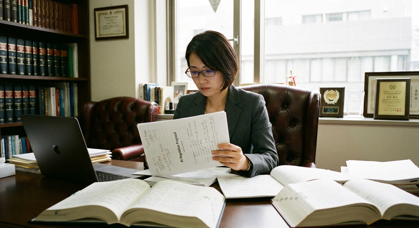可愛い日本人女性の弁護士がAI規制に関する資料を読んでいる様子