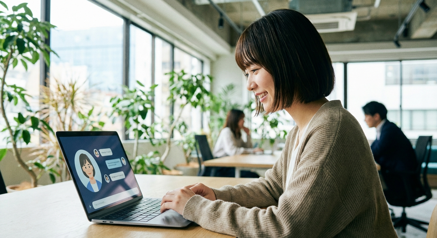 可愛い日本人女性がノートPCでAIオンライン研修を受けている様子