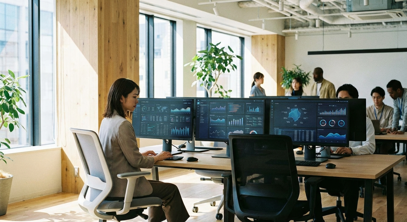 AIエージェントと協働してオフィスで仕事をする日本人女性