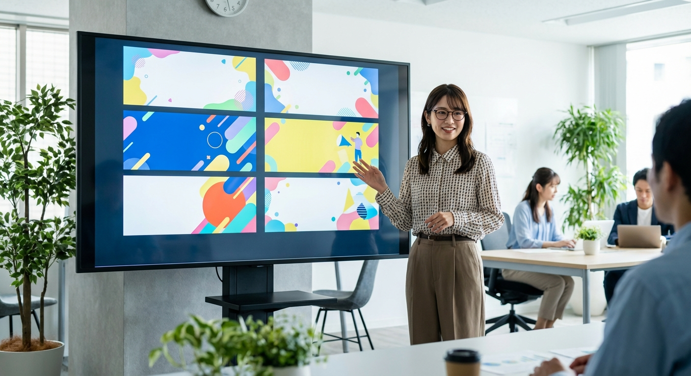 広告クリエイティブルームで複数のバナーデザイン案を比較する可愛い日本人女性OLデザイナー