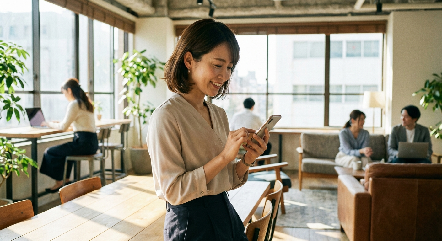 カフェ風オフィスでパーソナライズ通知を確認する可愛い日本人女性OL