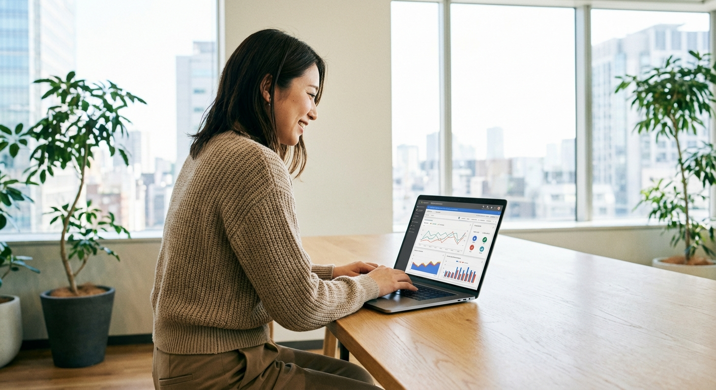 会議室でGoogle広告の管理画面を操作する可愛い日本人女性OLマーケター