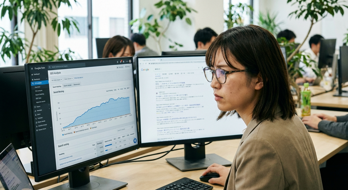 デスクでSEO分析ツールを確認する可愛い日本人女性OLマーケター