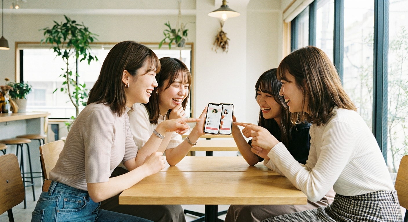 おしゃれなカフェで可愛い日本人女性が友人とスマートフォンのマッチングアプリ画面を見せ合っている様子