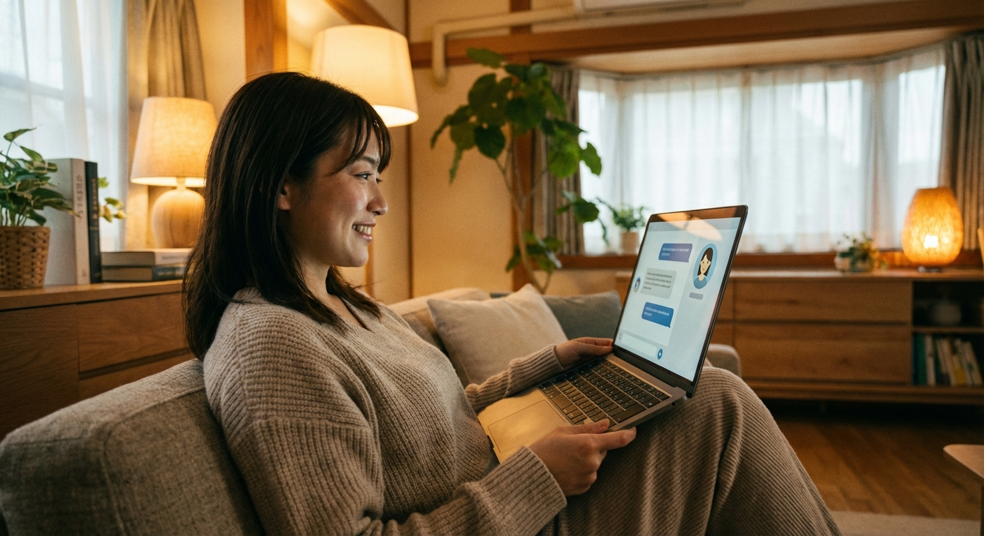 可愛い日本人女性が自宅のリビングでノートPCを開きAIチャットボットの会話インターフェースを見ている様子