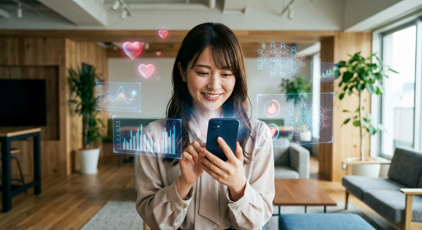 モダンなオフィスで可愛い日本人女性がスマートフォンでマッチングアプリのAI相性分析画面を見つめている様子