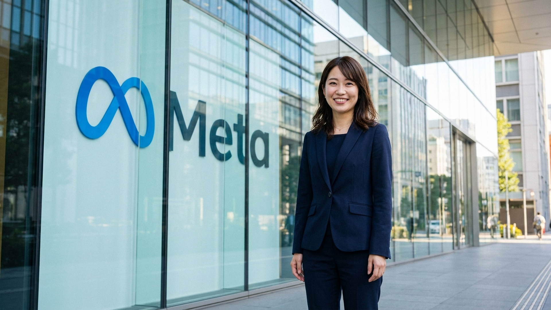 可愛い日本人女性ビジネスパーソンがMetaのオフィスビルの前に立っている様子