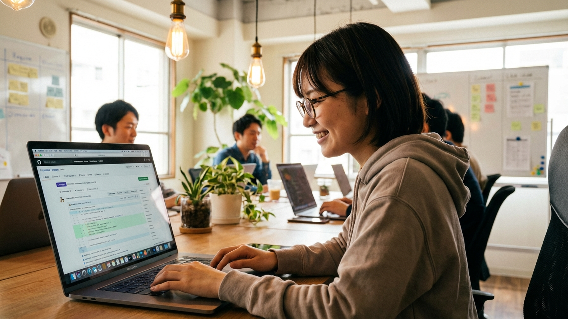 可愛い日本人女性プログラマーがスタートアップ風オフィスでノートPCに向かってコーディングしている様子