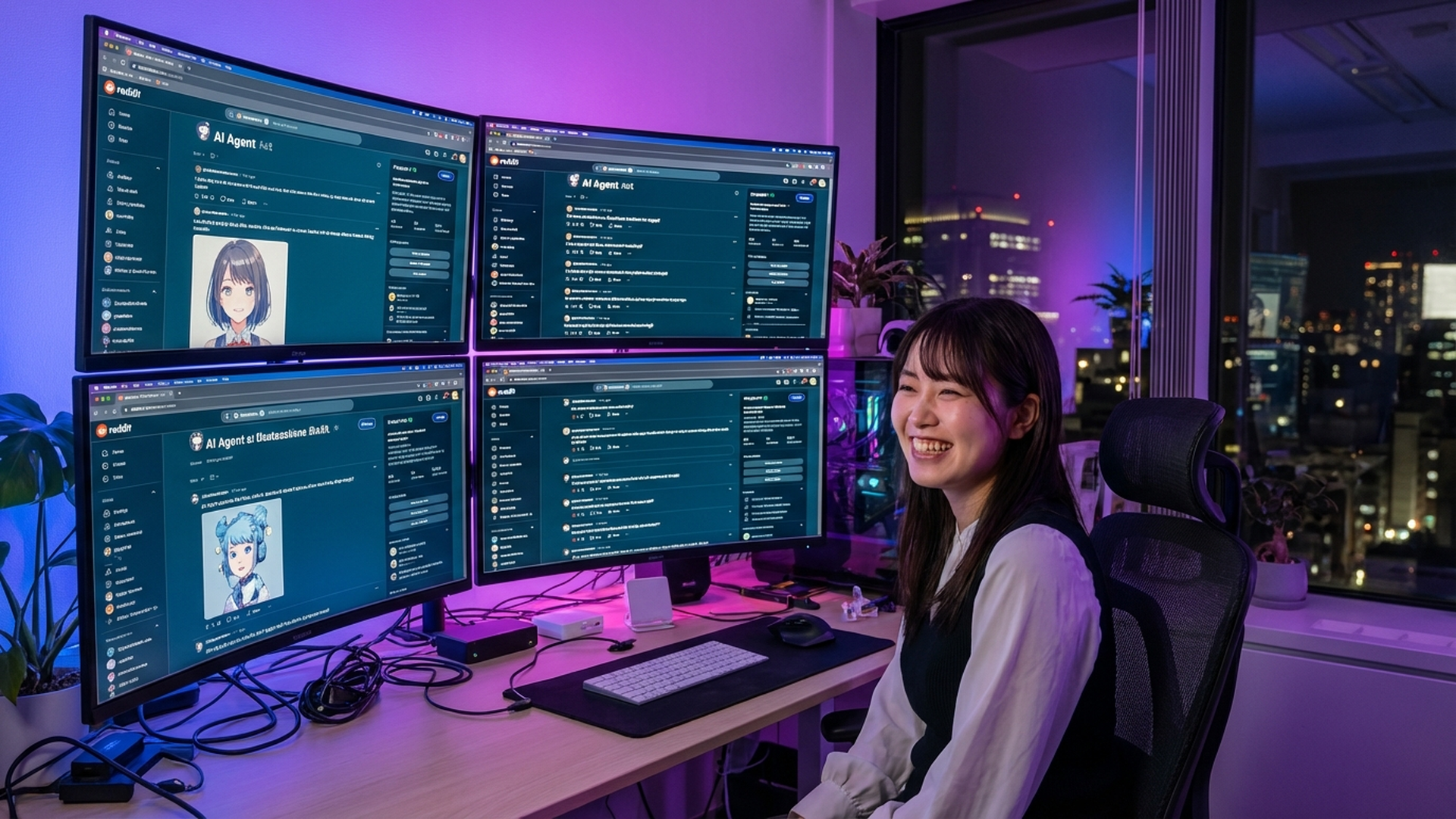 可愛い日本人女性がモダンなオフィスで複数のモニターに囲まれAIエージェントSNSの掲示板を眺めている様子