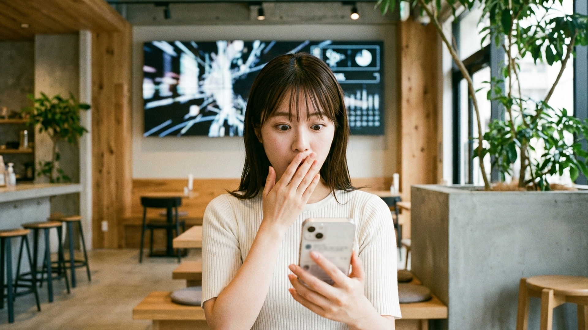 可愛い日本人女性がスマートフォンでSNSの投稿を見て驚いた表情をしている様子