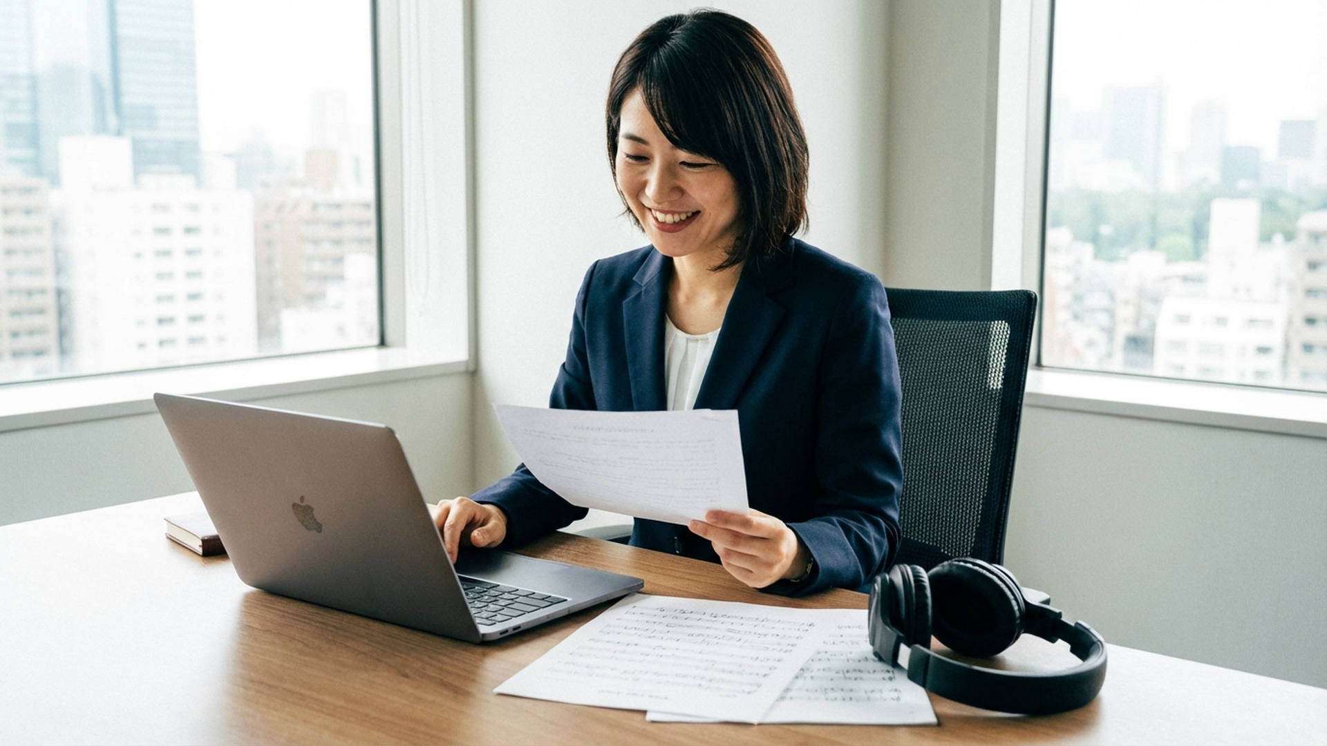可愛い日本人女性弁護士がオフィスで音楽著作権に関する書類を確認している様子