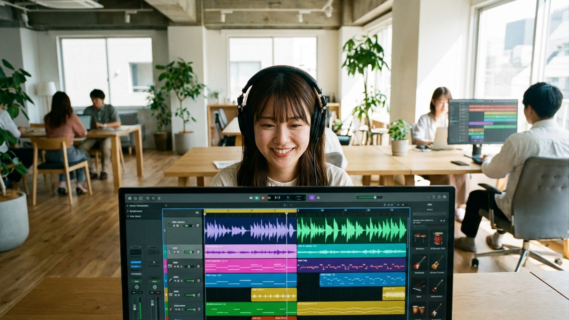 モダンなオフィスで可愛い日本人女性がヘッドホンをつけてパソコンでAI作曲サービスを使っている様子