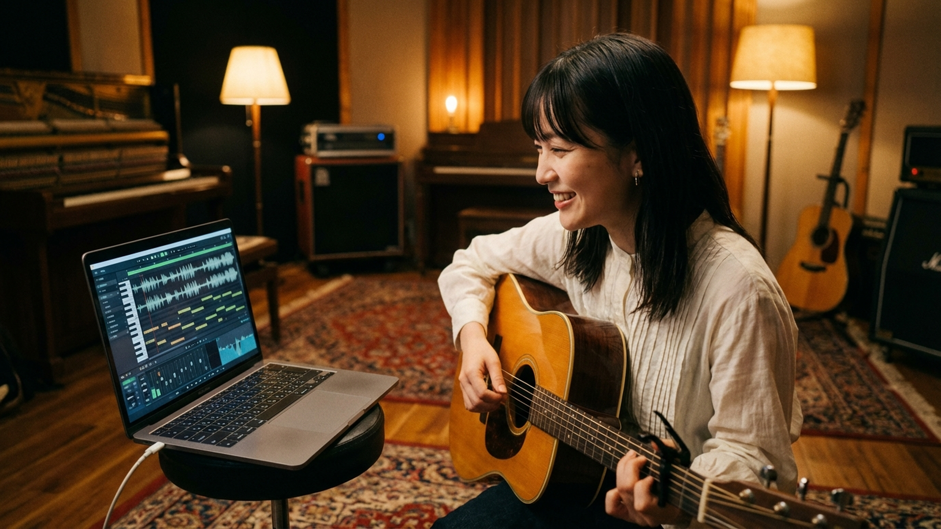 可愛い日本人女性ミュージシャンがスタジオでギターを弾きながらノートPCでAI作曲をしている様子