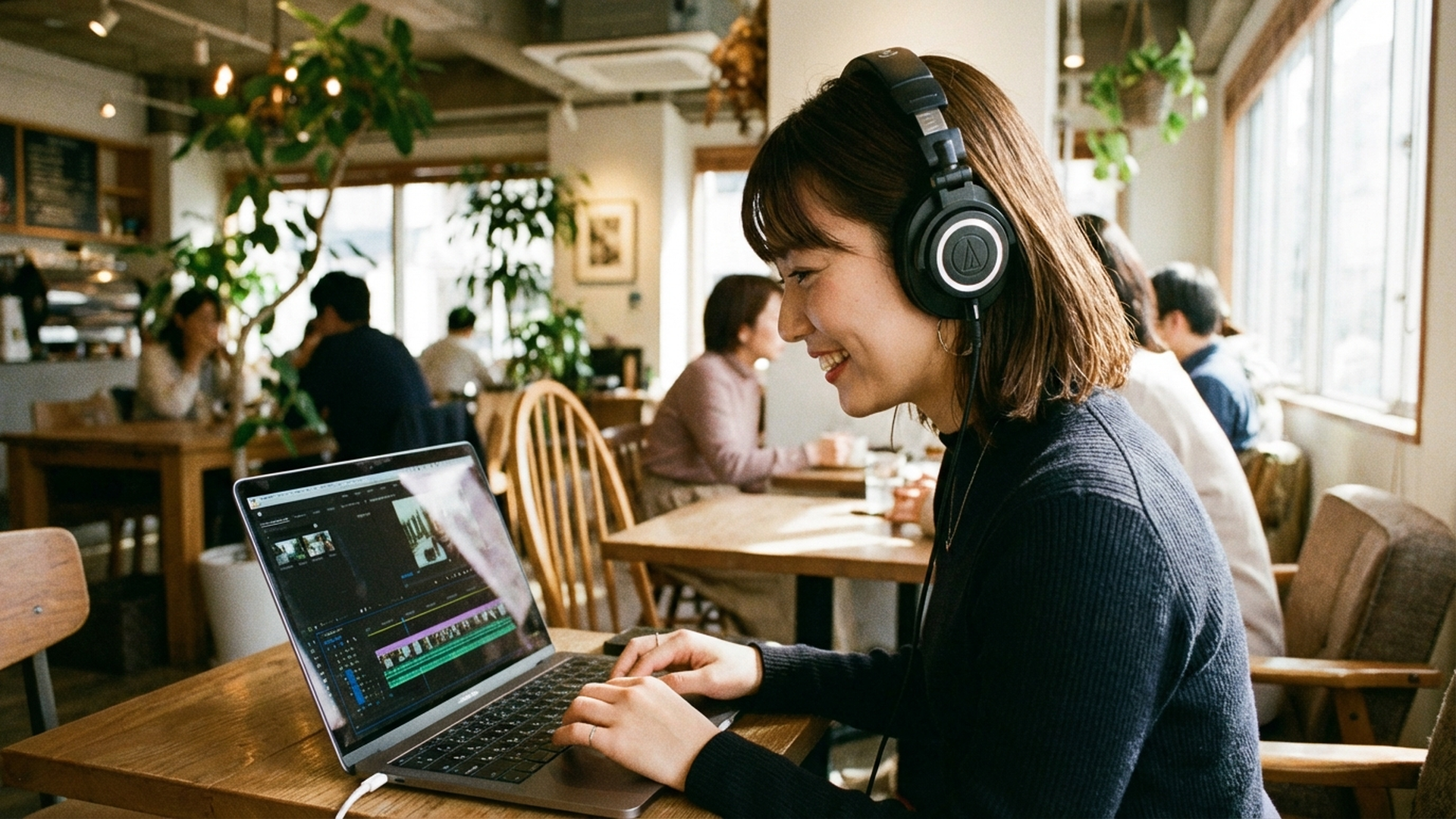 可愛い日本人女性がカフェでノートPCを使って動画編集とBGM制作をしている様子