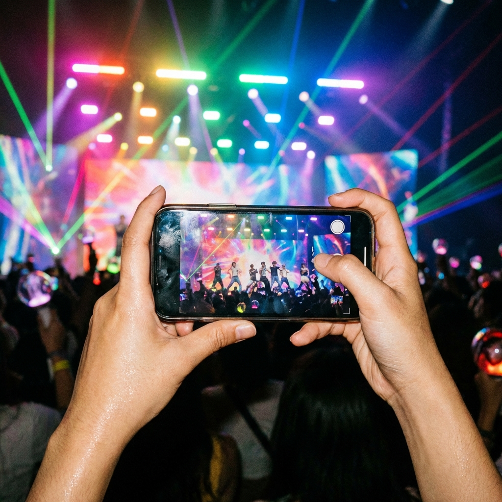 K-POPコンサートをスマートフォンで撮影するファン