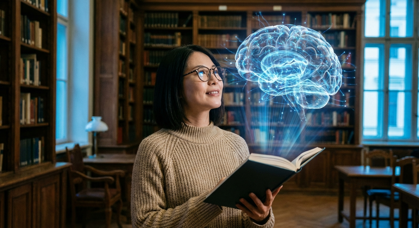 可愛い日本人女性が古い図書館で哲学書を読みながらホログラフィックなAIの脳のイメージを見つめている様子