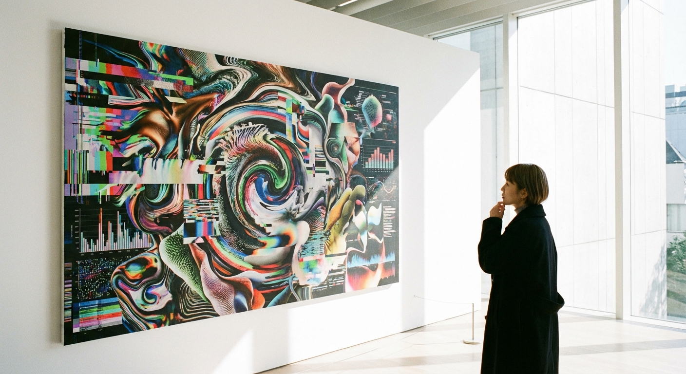 可愛い日本人女性がモダンな美術館でAI生成アートの大きなキャンバスを鑑賞している様子